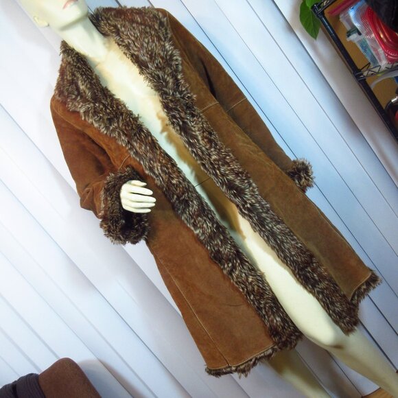 Vintage Marvin Richards Genuine Leather Jacket Long Trench Coat Medium Fur Trim - Picture 3 of 16